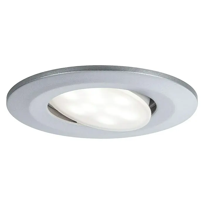 Paulmann LED-Einbauleuchten-Set Calla - 6 W, Ø x H: 9 cm x 5 mm, Chrom, Neutralweiß - Diese Aufnahme zeigt eine LED-Einbauleuchte mit silberfarbenem Rahmen und verstellbarem, leuchtendem Spotlicht für eine moderne Beleuchtung.