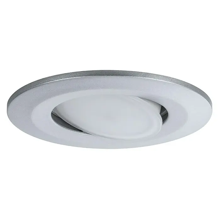 Paulmann Set de focos LED empotrables Calla - 6 W, Ø x Al: 9 cm x 5 mm, Cromo, Blanco neutro - Primer plano de una lámpara LED redonda de techo con borde plateado y fuente de luz blanca inclinada.