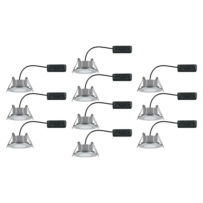 Paulmann LED-Einbauleuchten-Set Calla - 6 W, Ø x H: 9 cm x 5 mm, Chrom, Neutralweiß - Draufsicht von zehn LED-Einbaustrahlern mit silberner Fassung und schwarzem Anschlusskasten, die für eine moderne Beleuchtungslösung sorgen.