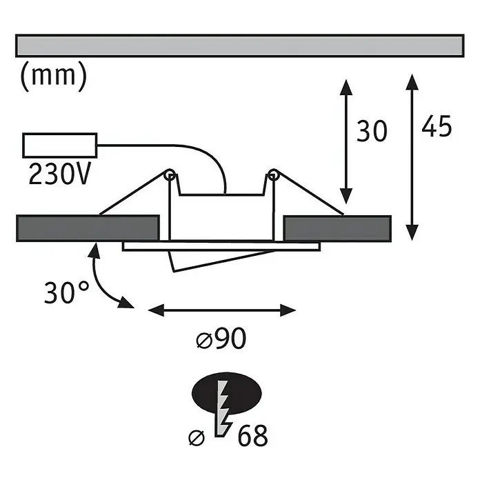 Paulmann Set de focos LED empotrables Calla - 6 W, Ø x Al: 9 cm x 5 mm, Cromo, Blanco neutro - Ilustración de un foco empotrable redondo con dimensiones que indican profundidad de montaje, diámetro y ángulo de inclinación.