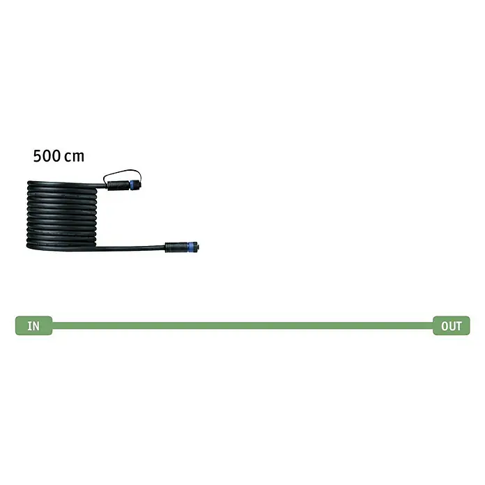 Paulmann Plug & Shine Cable de conexión - Largo: 5 m, IP68 - Imagen de un cable de 500 cm con conectores impermeables, diseñado para uso en exteriores.
