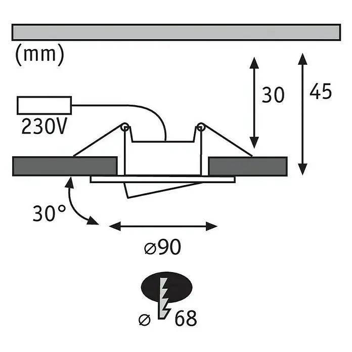 Paulmann Set de focos LED empotrables Calla - 6 W, Ø x Al: 9 cm x 5 mm, Blanco, 10 ud., Blanco neutro - Dibujo técnico de una lámpara de techo con dimensiones e información eléctrica para su instalación.