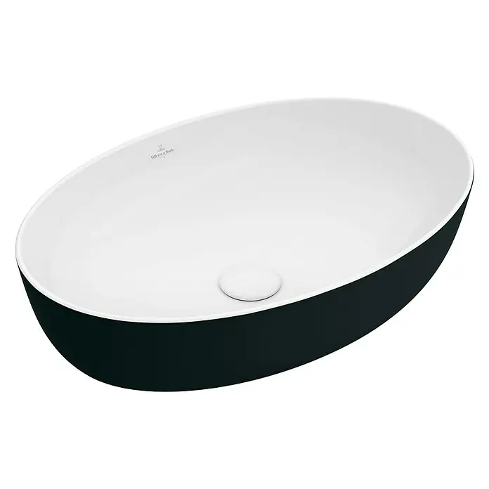 Villeroy & Boch Artis Aufsatzwaschbecken - 61 x 41 cm, Ohne Spezialglasur, Hahnloch: Ohne, Ohne Überlauf, Coal Black - Bild einer ovalen Villeroy & Boch Aufsatzwaschschüssel in Schwarz und Weiß für moderne Badezimmerdesigns.