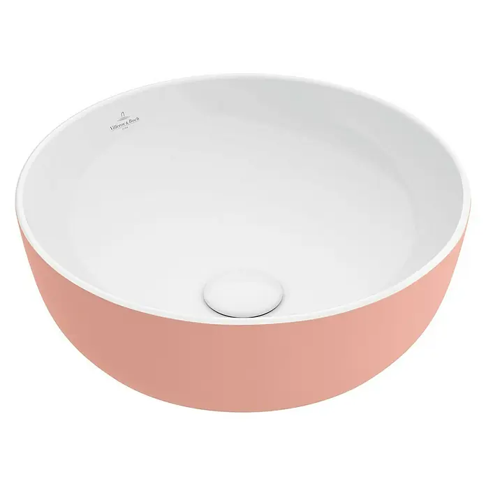 Villeroy & Boch Artis Waschschale - Durchmesser: 43 cm, Ohne Spezialglasur, Hahnloch: Ohne, Ohne Überlauf, Powder - Bild einer modernen, runden Villeroy & Boch Aufsatzwaschbecken in einem sanften Rosaton mit weißer Innenseite.