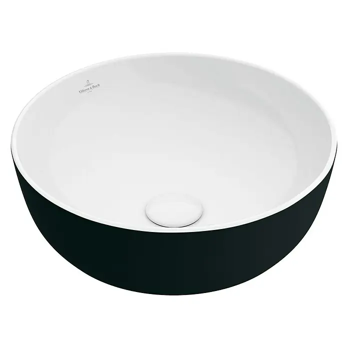Villeroy & Boch Artis Waschschale - Durchmesser: 43 cm, Ohne Spezialglasur, Hahnloch: Ohne, Ohne Überlauf, Schwarz - Aufsicht eines schwarzen Villeroy & Boch Keramikwaschbeckens mit weißer Innenseite und rundem Ablaufventil.