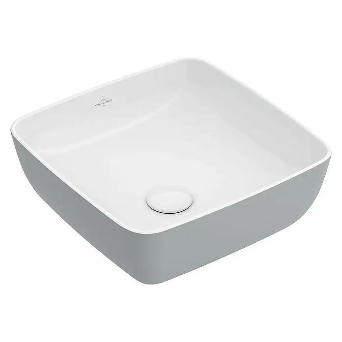 Villeroy & Boch Artis Aufsatzwaschbecken - 41 x 41 cm, Ohne Spezialglasur, Hahnloch: Ohne, Ohne Überlauf, French Linen - Bild einer modernen, quadratischen Aufsatzwaschbecken-Spüle in Grau und Weiß von Villeroy & Boch für das Badezimmer.