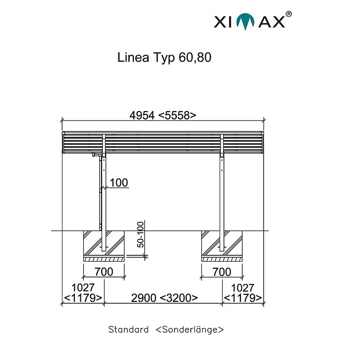 Ximax Carport LINEA 60 - Außenmaß inkl. Dachüberstand (B x T): 2,73 x 4,95 m, Edelstahloptik, Einzelcarport - Schema des Ximax Linea Typ 60,80 Produkts mit Maßangaben.