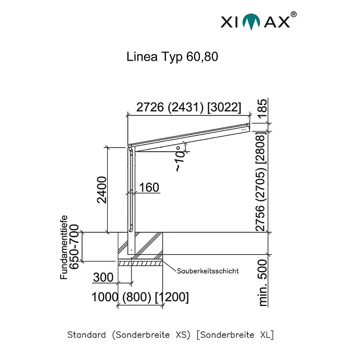 Ximax Carport LINEA 60 - Außenmaß inkl. Dachüberstand (B x T): 2,73 x 4,95 m, Edelstahloptik, Einzelcarport - Produktbild: Schematische Darstellung der Ximax Linea Typ 60,80 mit Abmessungen.