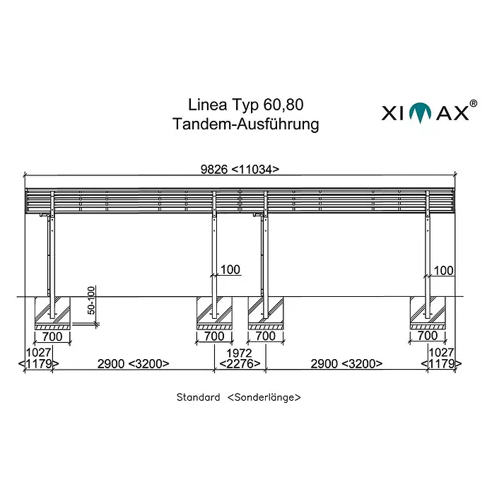 Ximax Carport LINEA Tandem 60 - Außenmaß inkl. Dachüberstand (B x T): 2,73 x 9,83 m, Doppelcarport, Edelstahloptik, Schneelast: 75 kg/m² - Produktbild: Linea Typ 60,80 Tandem-Ausführung mit den Maßen 9826 <11034> als Standard <Sonderlänge>.