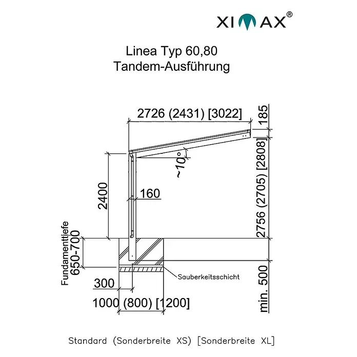 Ximax Carport LINEA Tandem 60 - Außenmaß inkl. Dachüberstand (B x T): 2,73 x 9,83 m, Doppelcarport, Edelstahloptik, Schneelast: 75 kg/m² - Abbildung des Ximax Linea Typ 60,80 Tandem-Ausführung mit detaillierten Maßangaben.