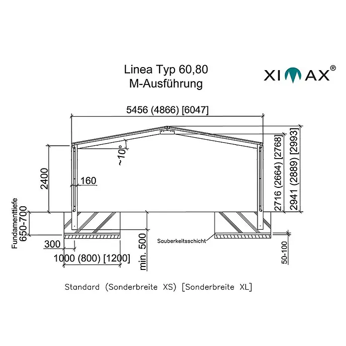 Ximax Carport LINEA M 60 - Außenmaß inkl. Dachüberstand (B x T): 5,46 x 4,95 m, Doppelcarport, Edelstahloptik, Schneelast: 75 kg/m² - Abbildung eines Linea Typ 60,80 M-Ausführung Produkts mit den Maßen und Fundamenttiefe.