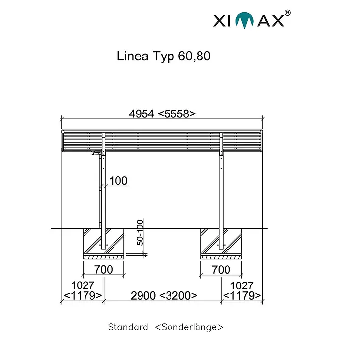 Ximax Carport LINEA 80 - Außenmaß inkl. Dachüberstand (B x T): 2,73 x 4,95 m, Einzelcarport, Edelstahloptik - Skizze