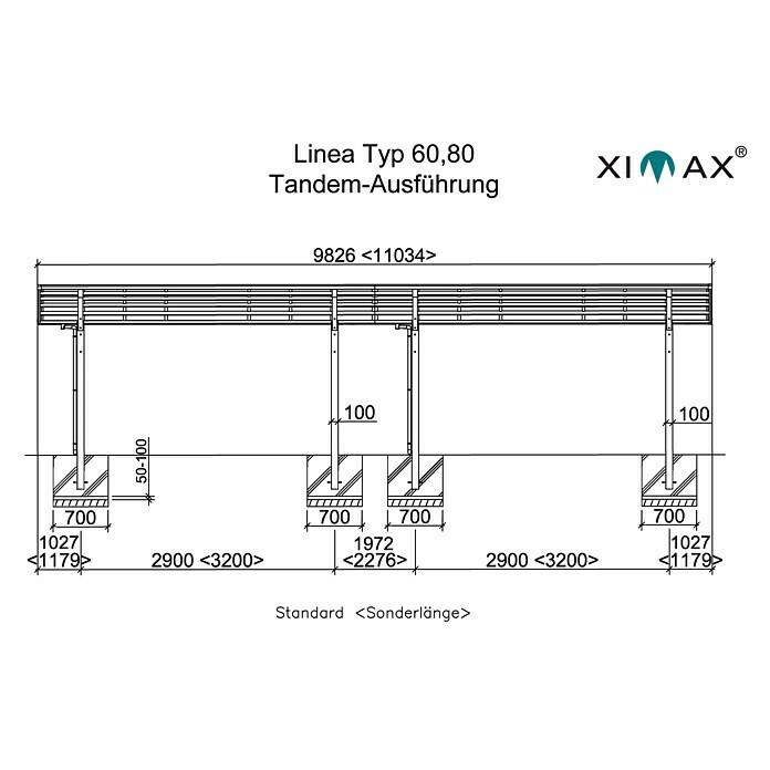 Ximax Carport LINEA Tandem 80 (9,8 x 2,7 m, Einfahrtshöhe: 2,2 m, Edelstahloptik, Schneelast: 100 kg/m²)