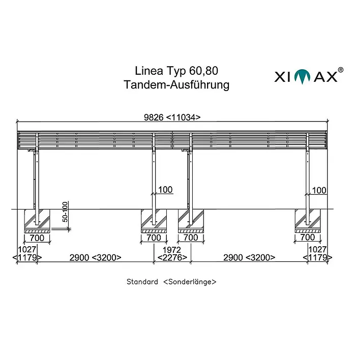 Ximax Carport LINEA Tandem 80 - Außenmaß inkl. Dachüberstand (B x T): 2,73 x 9,83 m, Doppelcarport, Edelstahloptik, Schneelast: 100 kg/m² - Schematische Darstellung des Linea Typ 60,80 Tandem-Ausführung Produkts mit den dazugehörigen Maßen.