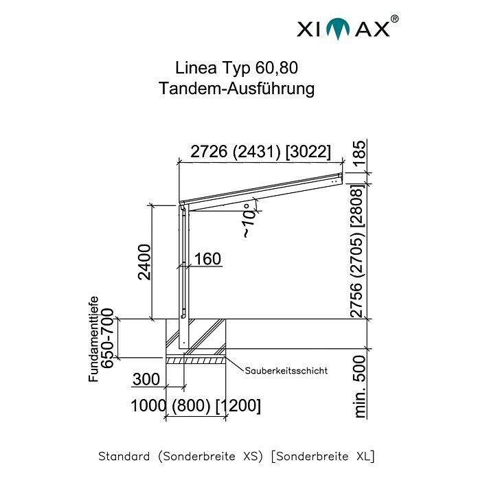 Ximax Carport LINEA Tandem 80 (9,8 x 2,7 m, Einfahrtshöhe: 2,2 m, Edelstahloptik, Schneelast: 100 kg/m²)