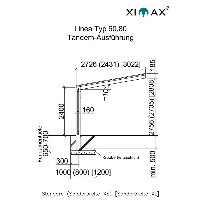 Ximax Carport LINEA Tandem 80 - Außenmaß inkl. Dachüberstand (B x T): 2,73 x 9,83 m, Doppelcarport, Edelstahloptik, Schneelast: 100 kg/m² - Abbildung eines Linea Typ 60,80 Tandem-Ausführung Produkts mit genauen Maßangaben für Standard-, XS- und XL-Größen.