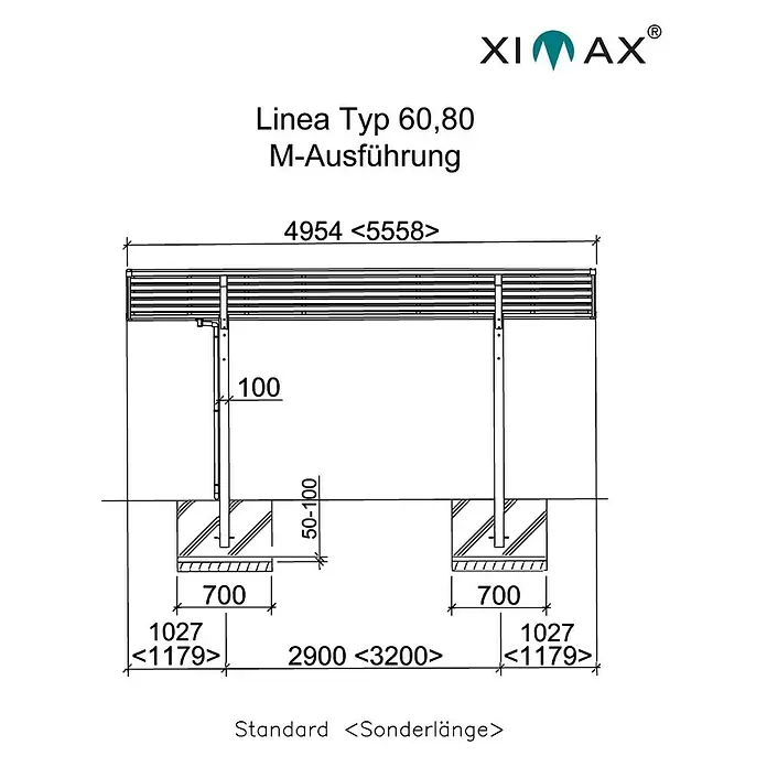 Ximax Carport LINEA M 80 - Außenmaß inkl. Dachüberstand (B x T): 5,46 x 4,95 m, Doppelcarport, Edelstahloptik, Schneelast: 100 kg/m² - Abbildung eines Linea Typ 60,80 M-Ausführung Produkts mit Maßangaben und technischen Details für Standard- und Sonderlängen.