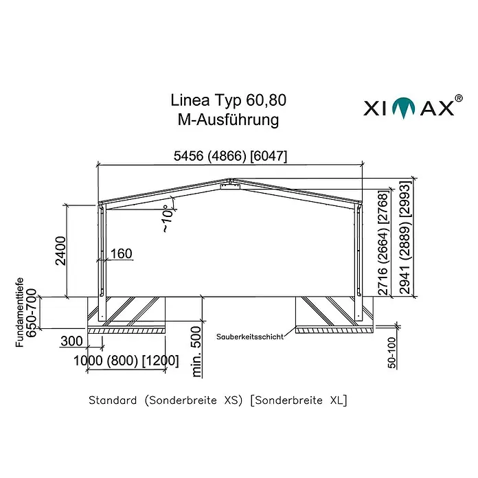 Ximax Carport LINEA M 80 - Außenmaß inkl. Dachüberstand (B x T): 5,46 x 4,95 m, Doppelcarport, Edelstahloptik, Schneelast: 100 kg/m² - Schema des Linea Typ 60,80 M-Ausführung Produkts mit Abmessungen und Details für Standard-, XS- und XL-Sonderbreiten.