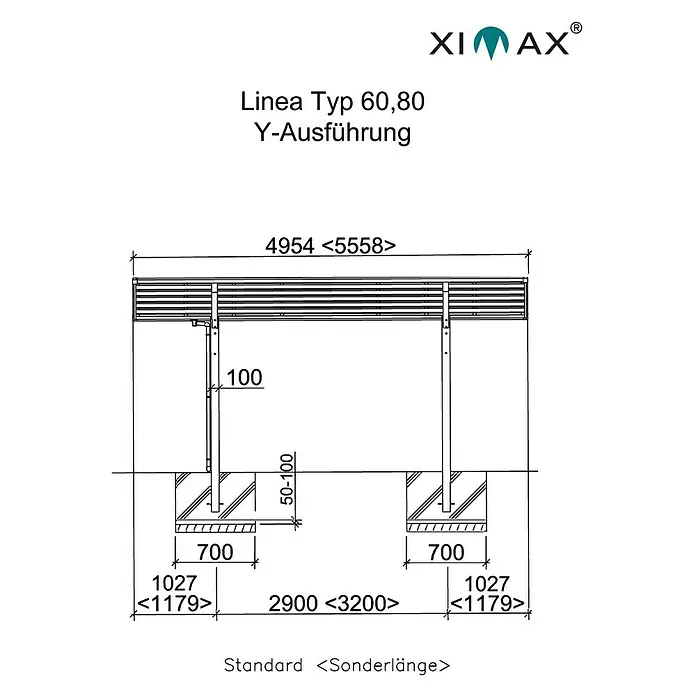 Ximax Carport LINEA Y 80 - Außenmaß inkl. Dachüberstand (B x T): 5,48 x 4,95 m, Doppelcarport, Edelstahloptik, Schneelast: 100 kg/m² - Technische Zeichnung der Linea Typ 60,80 Y-Ausführung mit Maßen.