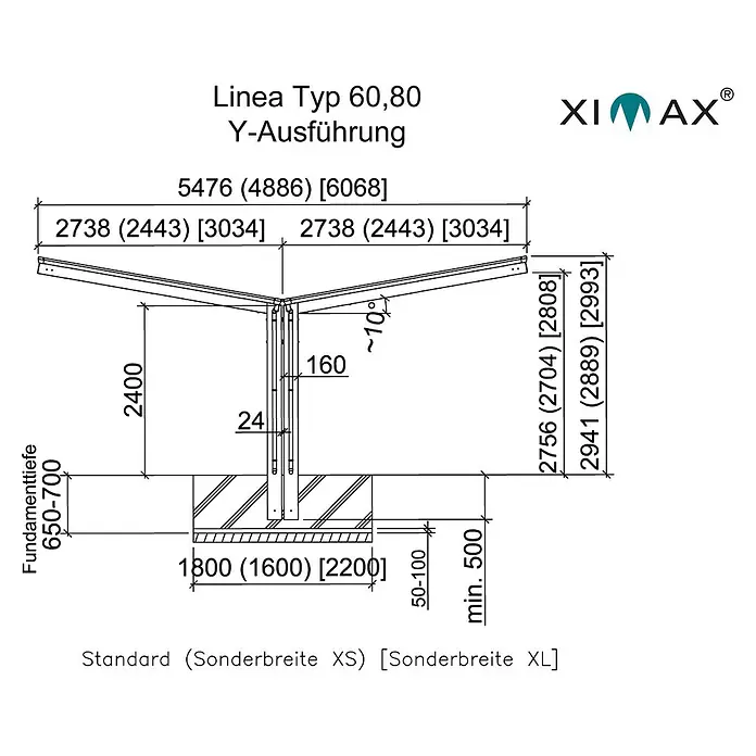 Ximax Carport LINEA Y 80 - Außenmaß inkl. Dachüberstand (B x T): 5,48 x 4,95 m, Doppelcarport, Edelstahloptik, Schneelast: 100 kg/m² - Skizze