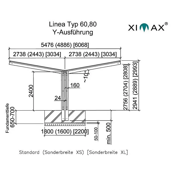 Ximax Carport LINEA Y 80 - Außenmaß inkl. Dachüberstand (B x T): 5,48 x 4,95 m, Doppelcarport, Edelstahloptik, Schneelast: 100 kg/m²