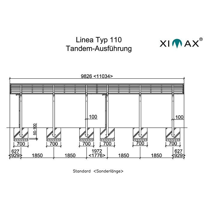 Ximax Carport LINEA Tandem 110 (9,8 x 2,7 m, Einfahrtshöhe: 2,2 m, Edelstahloptik, Schneelast: 137 kg/m²)