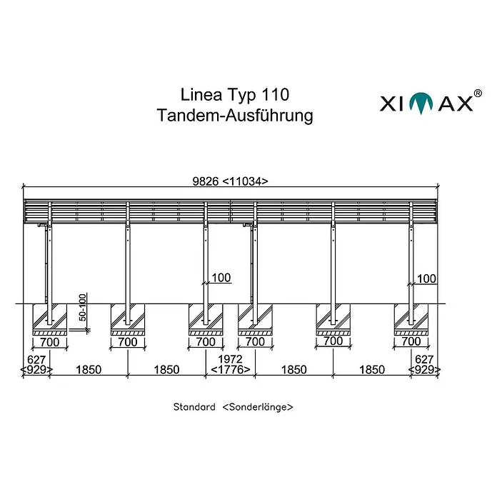 Ximax Carport LINEA Tandem 110 - Außenmaß inkl. Dachüberstand (B x T): 2,73 x 9,83 m, Doppelcarport, Edelstahloptik, Schneelast: 137 kg/m² - Technische Zeichnung der Linea Typ 110 Tandem-Ausführung mit Bemaßungen.