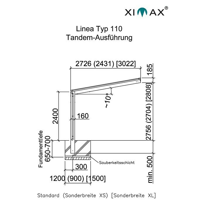 Ximax Carport LINEA Tandem 110 (9,8 x 2,7 m, Einfahrtshöhe: 2,2 m, Edelstahloptik, Schneelast: 137 kg/m²)