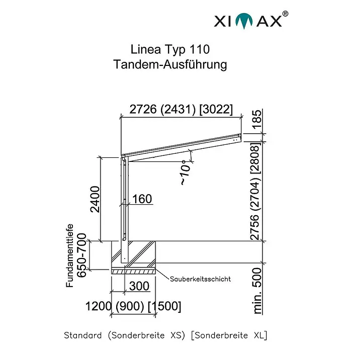 Ximax Carport LINEA Tandem 110 - Außenmaß inkl. Dachüberstand (B x T): 2,73 x 9,83 m, Doppelcarport, Edelstahloptik, Schneelast: 137 kg/m² - Schema des XIMAX Linea Typ 110 Tandem-Carports mit Abmessungen und Fundamentdetails.