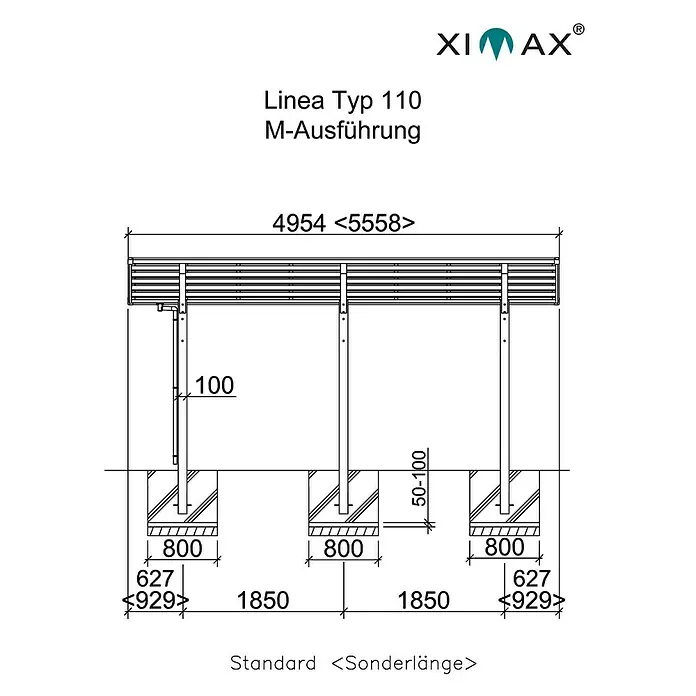 Ximax Carport LINEA M 110 - Außenmaß inkl. Dachüberstand (B x T): 5,46 x 4,95 m, Doppelcarport, Edelstahloptik, Schneelast: 137 kg/m² - Technische Zeichnung der Linea Typ 110 M-Ausführung, die Abmessungen und Details des Produkts zeigt.\n