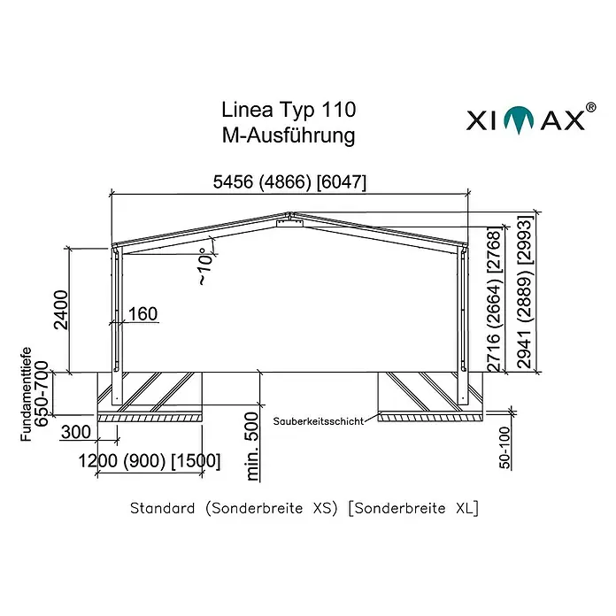 Ximax Carport LINEA M 110 - Außenmaß inkl. Dachüberstand (B x T): 5,46 x 4,95 m, Doppelcarport, Edelstahloptik, Schneelast: 137 kg/m² - Abbildung eines Linea Typ 110 M-Ausführung Produkts mit den zugehörigen Abmessungen für Standard, XS und XL Breiten.