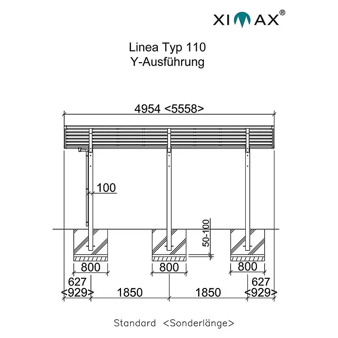 Ximax Carport LINEA Y 110 - Außenmaß inkl. Dachüberstand (B x T): 5,48 x 4,95 m, Doppelcarport, Edelstahloptik, Schneelast: 137 kg/m² - Skizze
