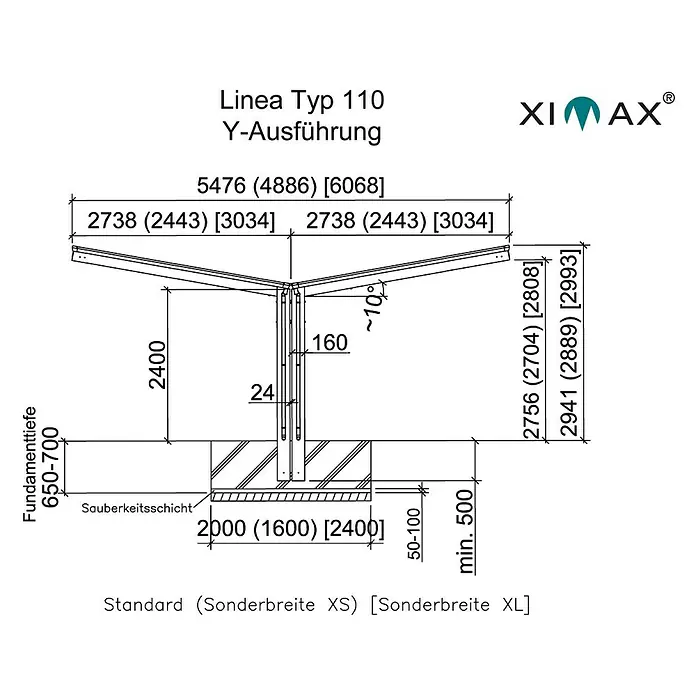 Ximax Carport LINEA Y 110 - Außenmaß inkl. Dachüberstand (B x T): 5,48 x 4,95 m, Doppelcarport, Edelstahloptik, Schneelast: 137 kg/m² - Technische Zeichnung des Linea Typ 110 Y-Ausführung Produkts mit allen Maßen und Details.