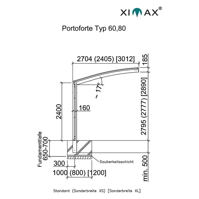 Ximax Carport Portoforte 60 - Außenmaß inkl. Dachüberstand (B x T): 2,7 x 4,95 m, Einzelcarport, Mattbraun, Schneelast: 75 kg/m² - Technische Zeichnung des Portoforte Typ 60,80 mit Maßen für Standard-, XS- und XL-Sonderbreiten und Fundamenttiefe.