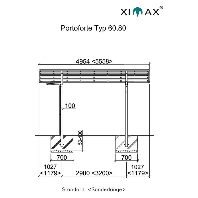 Ximax Carport Portoforte 60 - Außenmaß inkl. Dachüberstand (B x T): 2,7 x 4,95 m, Einzelcarport, Edelstahloptik, Schneelast: 75 kg/m² - Die Abbildung zeigt eine schematische Zeichnung des Portofortes Typ 60,80 mit Bemaßungen und technischen Details.