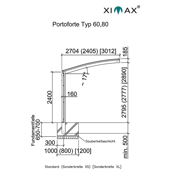 Ximax Carport Portoforte 60 - Außenmaß inkl. Dachüberstand (B x T): 2,7 x 4,95 m, Einzelcarport, Edelstahloptik, Schneelast: 75 kg/m² - Schematische Zeichnung eines Portofortes Typ 60,80 mit Maßangaben zu Fundamenttiefe, Höhe und Breite.