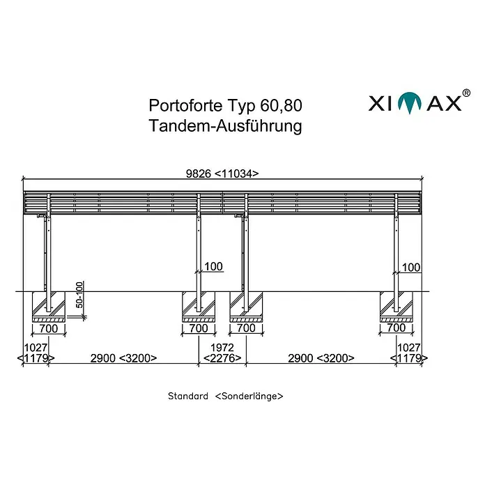 Ximax Carport Portoforte Tandem 60 - Außenmaß inkl. Dachüberstand (B x T): 2,7 x 9,83 m, Doppelcarport, Mattbraun, Schneelast: 75 kg/m² - Zeichnung eines Portoforte Typ 60,80 Tandem-Ausführung mit Maßangaben.