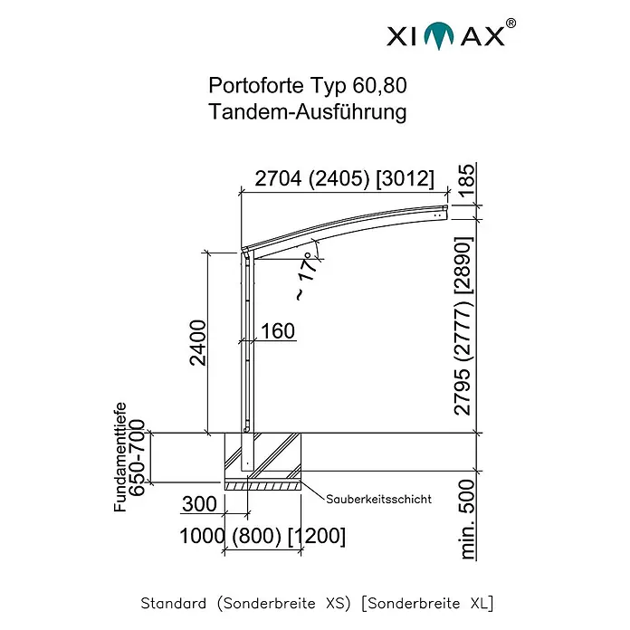 Ximax Carport Portoforte Tandem 60 - Außenmaß inkl. Dachüberstand (B x T): 2,7 x 9,83 m, Doppelcarport, Mattbraun, Schneelast: 75 kg/m² - Skizze