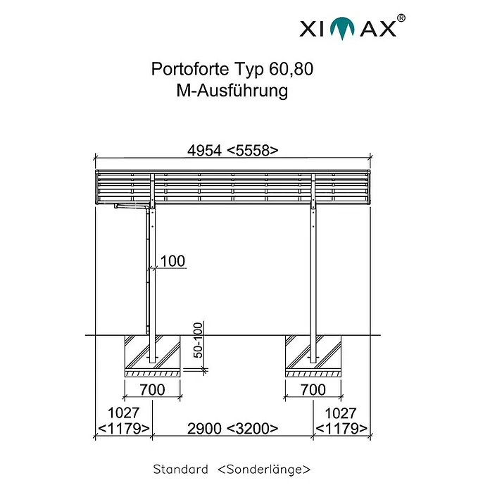 Ximax Carport Portoforte M 60 - Außenmaß inkl. Dachüberstand (B x T): 5,42 x 4,95 m, Doppelcarport, Mattbraun, Schneelast: 75 kg/m² - Darstellung des Portoforte Typ 60,80 M-Ausführung, ein hochwertiges Produkt mit detaillierten Maßangaben für Standard- und Sonderlängen.