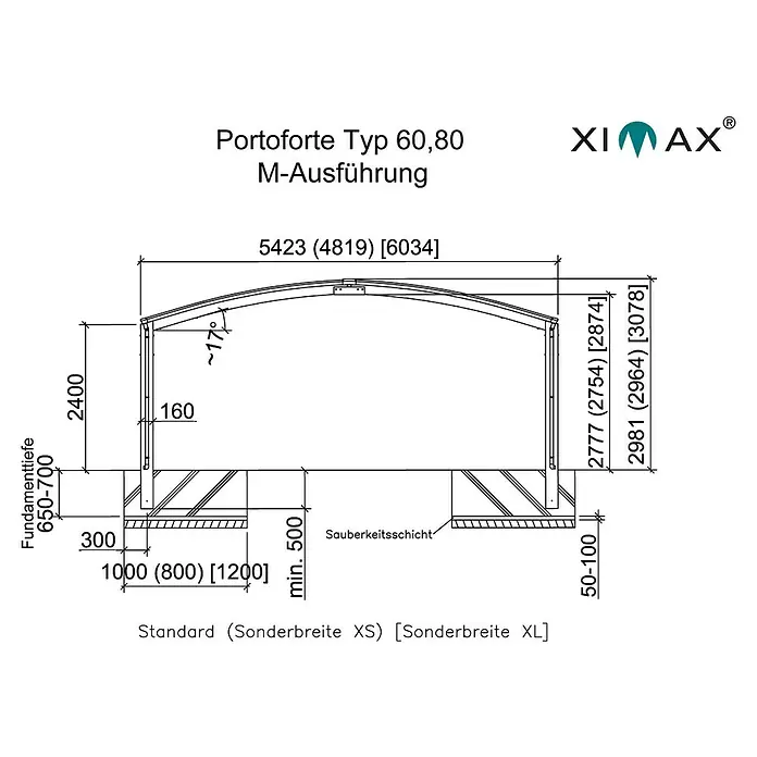Ximax Carport Portoforte M 60 - Außenmaß inkl. Dachüberstand (B x T): 5,42 x 4,95 m, Doppelcarport, Mattbraun, Schneelast: 75 kg/m² - Technische Zeichnung des Portoforte Typ 60,80 M-Ausführung, mit Abmessungen und Details zur Fundamenttiefe.