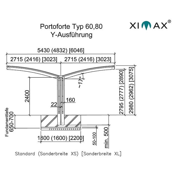 Ximax Carport Portoforte Y 60 - Außenmaß inkl. Dachüberstand (B x T): 5,43 x 4,95 m, Doppelcarport, Mattbraun, Schneelast: 75 kg/m² - Skizze