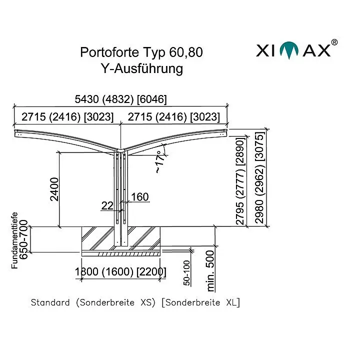 Ximax Carport Portoforte Y 60 - Außenmaß inkl. Dachüberstand (B x T): 5,43 x 4,95 m, Doppelcarport, Mattbraun, Schneelast: 75 kg/m²