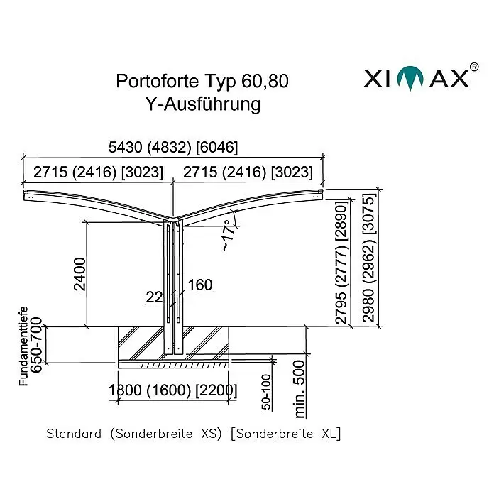 Ximax Carport Portoforte Y 60 - Außenmaß inkl. Dachüberstand (B x T): 5,43 x 4,95 m, Doppelcarport, Edelstahloptik, Schneelast: 75 kg/m²