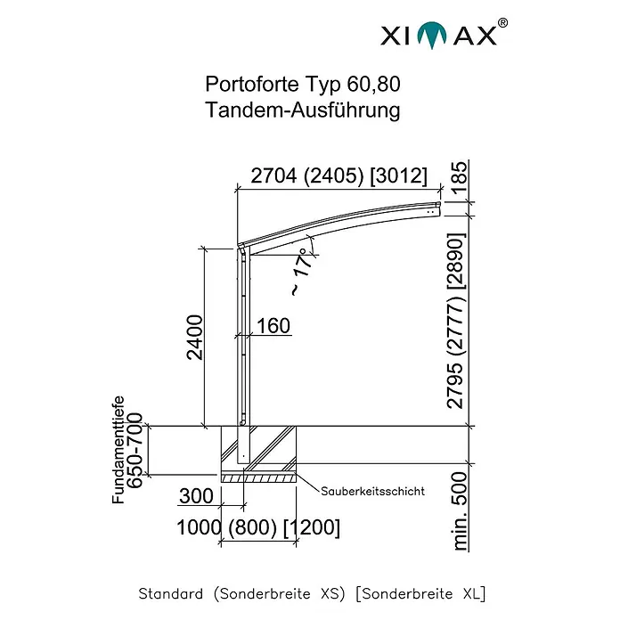 Ximax Carport Portoforte Tandem 80 - Außenmaß inkl. Dachüberstand (B x T): 2,7 x 9,83 m, Doppelcarport, Mattbraun, Schneelast: 100 kg/m² - Skizze