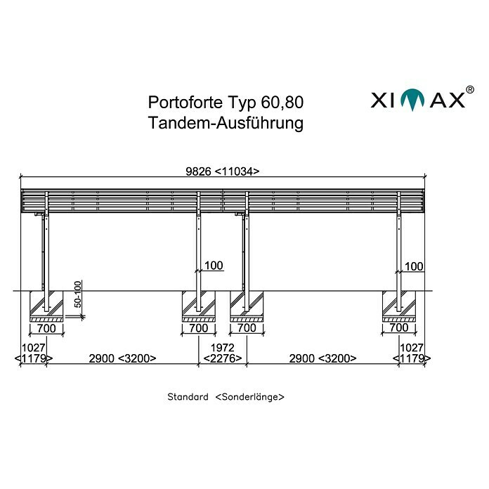 Ximax Carport Portoforte Tandem 80 (9,8 x 2,7 m, Einfahrtshöhe: Max. 2,2 m, Edelstahloptik, Schneelast: 100 kg/m²)