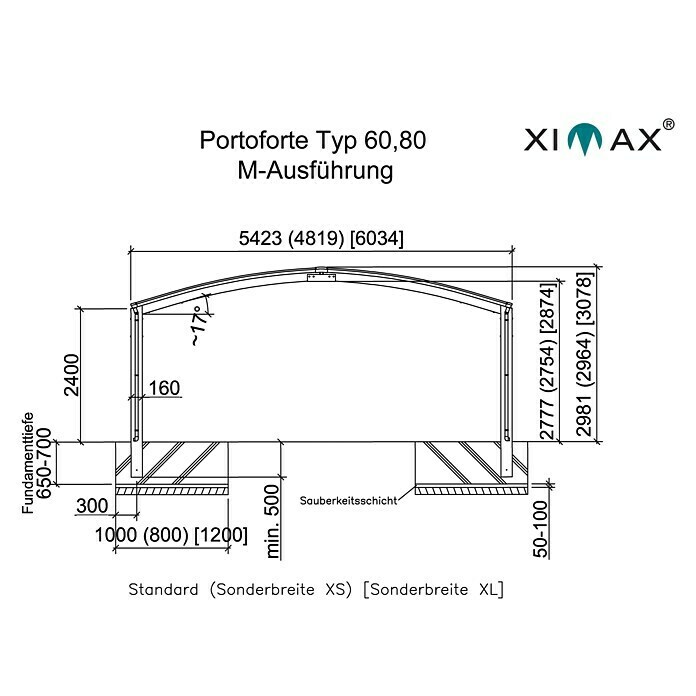 Ximax Carport Portoforte M 80 (2,4 x 5,4 m, Einfahrtshöhe: Max. 2,2 m, Edelstahloptik, Schneelast: 100 kg/m²)