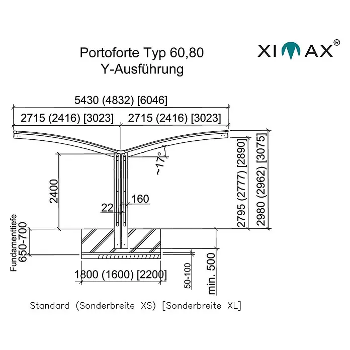 Ximax Carport Portoforte Y 80 - Außenmaß inkl. Dachüberstand (B x T): 5,43 x 4,95 m, Doppelcarport, Edelstahloptik, Schneelast: 100 kg/m² - Skizze