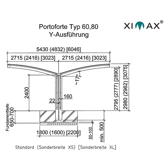Ximax Carport Portoforte Y 80 - Außenmaß inkl. Dachüberstand (B x T): 5,43 x 4,95 m, Doppelcarport, Edelstahloptik, Schneelast: 100 kg/m²