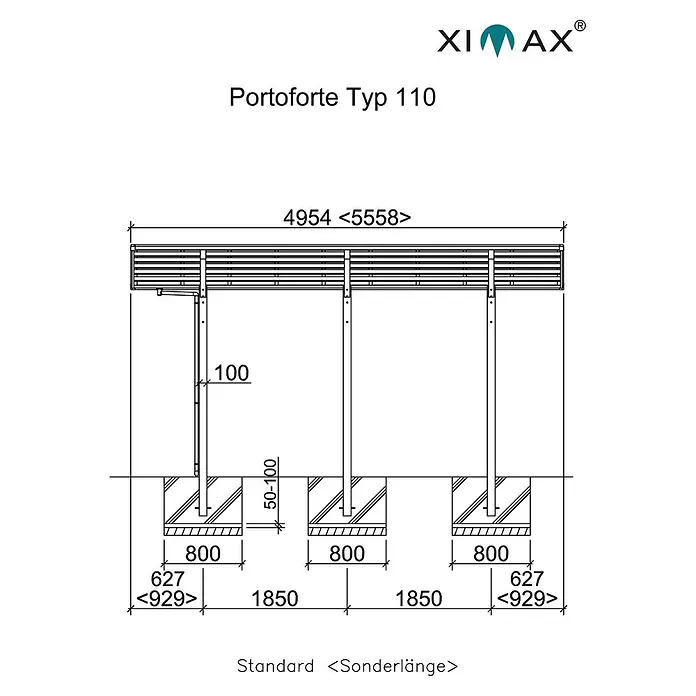 Ximax Carport Portoforte 110 - Außenmaß inkl. Dachüberstand (B x T): 2,7 x 4,95 m, Einzelcarport, Mattbraun, Schneelast: 137 kg/m² - Skizze