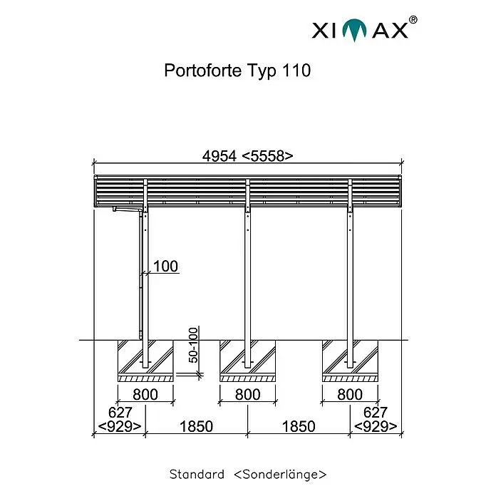 Ximax Carport Portoforte 110 - Außenmaß inkl. Dachüberstand (B x T): 2,7 x 4,95 m, Einzelcarport, Mattbraun, Schneelast: 137 kg/m² - Skizze